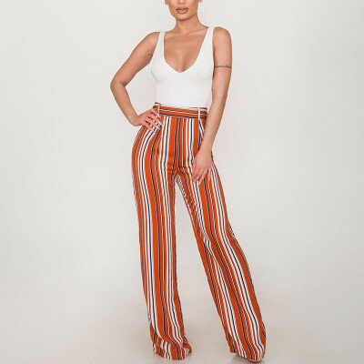 

2019 Fashion Womens Summer Casual High Waist Stripe Loose Trousers Crop Pants