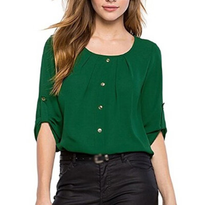 

Women Elegant O Neck Pleated Chiffon Blouse Button Loose Solid Casual T Shirts