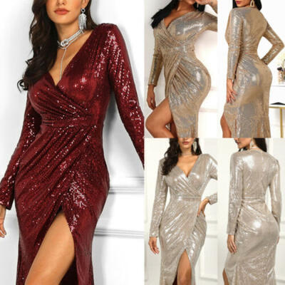 

US Fashion Women Glitter Sequin Evening Club Dress Bodycon Party Maxi Slim Dress