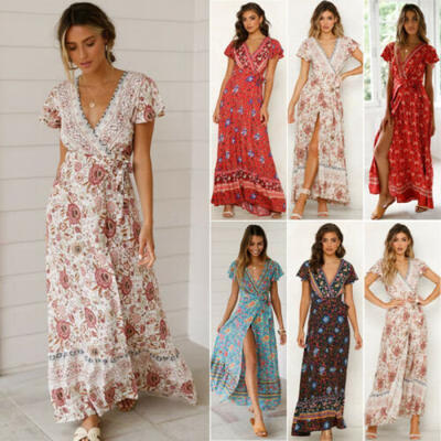 

Women Summer Boho Floral Party Evening Beach Dresses Long Maxi Dress Sundress