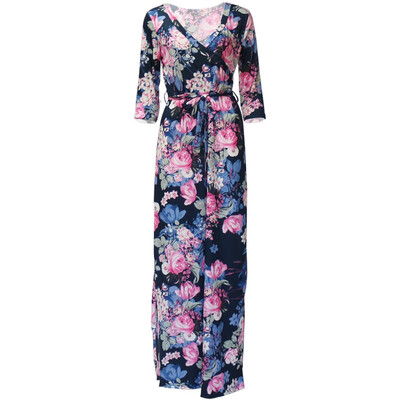

Womens Bohemian Printed Wrap Bodice 34 Sleeve Crossover Maxi Dress Long Party Dress