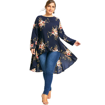 

Plus Size Floral Printed Chiffon Long High Low Top