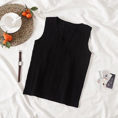

Women Summer Sexy V Neck Sweet Sleeveless Slim Solid Color Hollow Knit Short Vest
