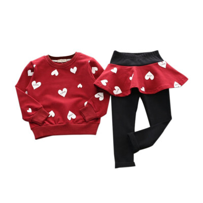 

Baby Girl Cute Cartoon Heart Print Casual Long Sleeve T-shirtPants Skirt 2Pcs Tracksuit Children Clothes Set