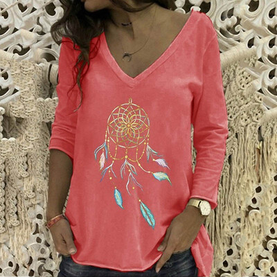 

Women V Neck Dreamcatcher Printed T-Shirts Casual Loose Autumn Long Sleeve Wild Blouses