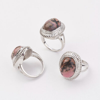 

Natural Rhodonite Finger Rings with Alloy Ring Finding Paltinum Oval Size 8 18mm