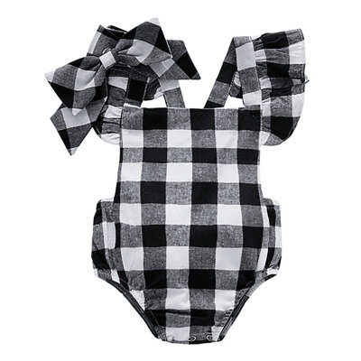 

Newborn Infant Clothing Fashion Plaid Romper Baby Girls Clothes Cotton Ruffle Sleeve Romper Jumpsuit Headband 0-18M