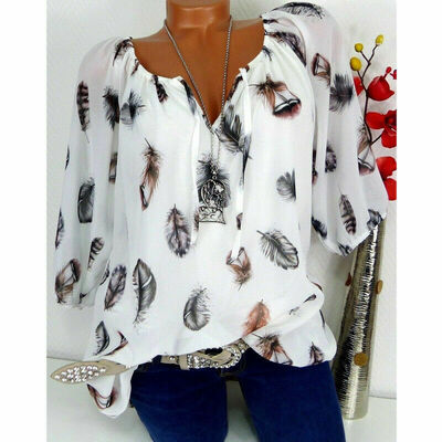 

Women V-neck Chiffon Tops Long Sleeve Tunic Blouse Flower Print Shirts Plus Size