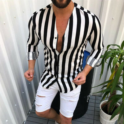 

Mens Long Sleeve Shirt Summer Cool Slim Casual V-Neck Shirts Tops -3XL
