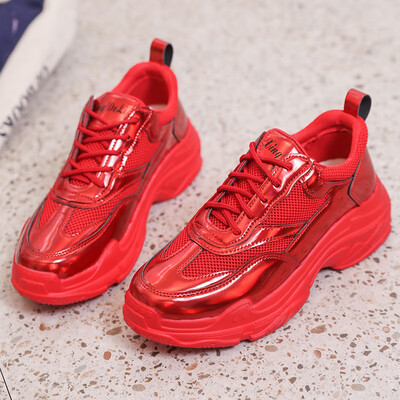 

Dazzling bright light shoes father shoes female hundred-set Korean version breathable mesh surface thick-bottomed red sports shoes