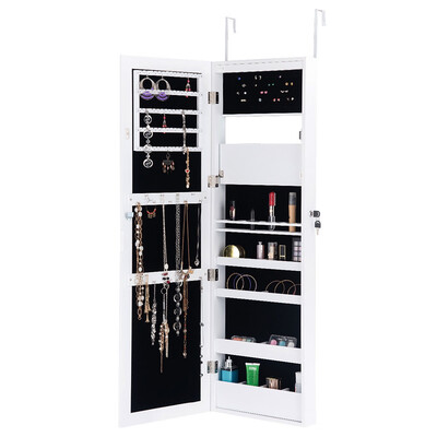 

Lockable Wall Door Mounted Mirror Jewelry Cabinet wLED Lights-White