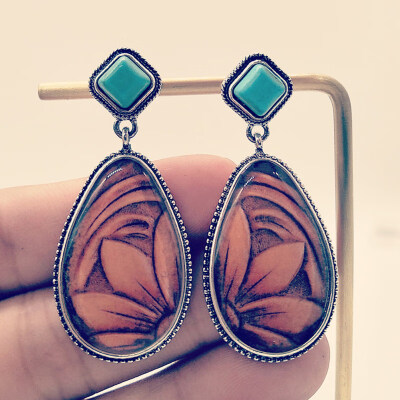 

Antique Female Faux Turquoise Oval Earrings Sun Flower Embossing Party Eardrop
