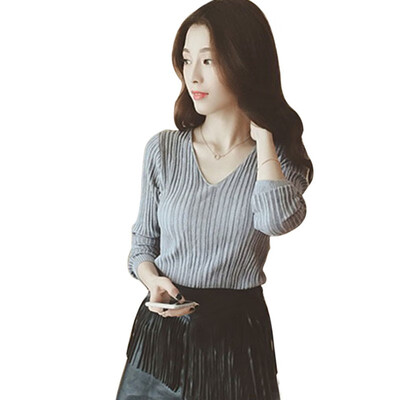 

Autumn Women Long Sleeve V Neck T-shirt Slim Fitting Knitted Sweater Shirt