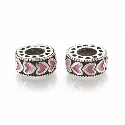 

Alloy European Beads Large Hole Beads with Enamel Flat Round with Heart Antique Silver PearlPink 115x5mm Hole 5mm