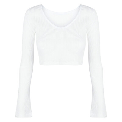 

V Neck Long Sleeve Knit Ribbed Solid Color Women Crop Top