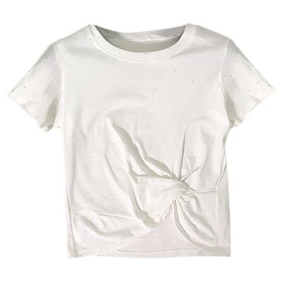 

Women Summer Casual Comfortable All-match Sparkly Twist Knot Short Sleeve Crop T-shirt