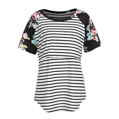 

Women Maternity Breastfeeding Tops Short Sleeve Nursing T-shirt Splice Striped