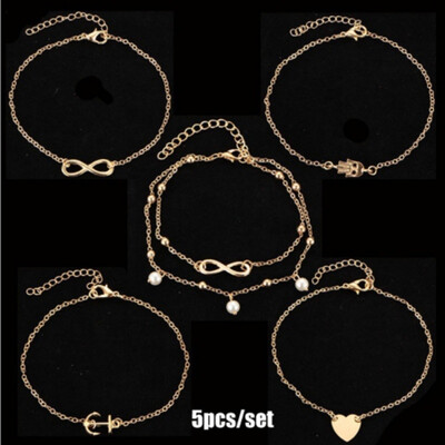 

Design Pendant Anklet For Women Heart Charm Jewelry Anklets Summer Party Gift 5pcsset