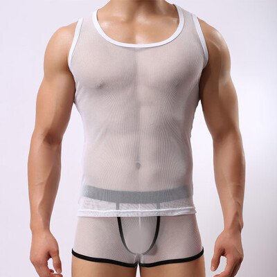 

Party Tops Vest Sleeveless Round Neck Shirt Men Male Thin Hollowed Fishnet Lace