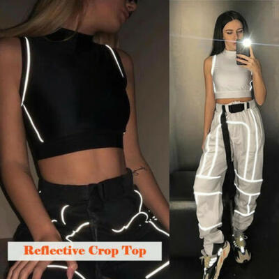 

Women Reflective Sleeveless Tank Vest Casual Short Crop Tops Shirt Party Club US