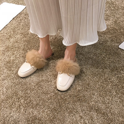 

Mingyuanfeng slippers for women wearing autumn fashion metal chain wool shoes with flat sole&half slippers