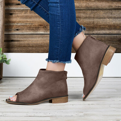 

Rose Womens Fish Mouth Casual Boots Square Heel Ankle Zipper Shoes Booties