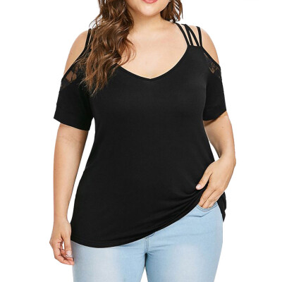 

Roseonmyhand Fashion Women Solid V-Neck Lace Plus Size Cold Shoulder T-shirt Tops Blouse