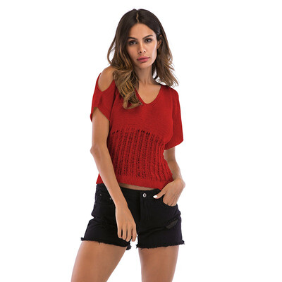 

New Cold Shouder Female T Shirt Knit Hollow Out TShirts Summer Women Loose Casual V Neck T-shirt Short Sleeve Solid Short Top