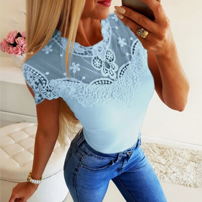 

Nomeni Womens Fashion Summer Solid Color Lace Short-Sleeved Shirt Loose T-Shirt Tops