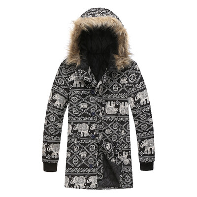 

Winter Mens Vintage Printed Jacket Warm Fur Collar Outerwear Hooded Coat Parka