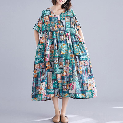 

Natioanl Women Dress Multicolor Floral Leaves Stripes Geometric Print V Neckline Half Sleeve High Waist Loose One-Piece