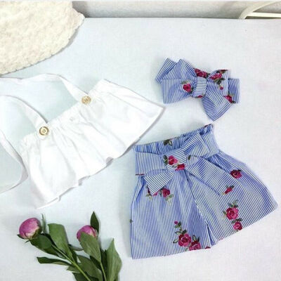 

Toddler Infant Baby Girl Vest TopsFlower Stripe Shorts 3PCS Outfit Clothes Sunsuit