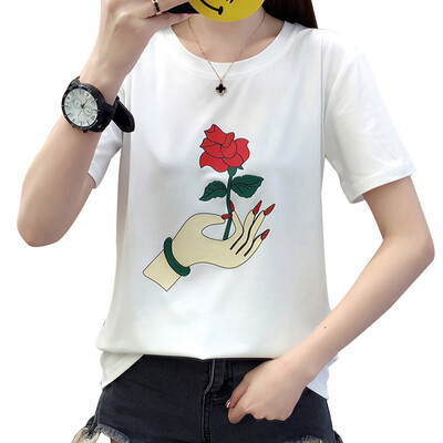 

Summer Rose Print Female T Shirt Floral Finger Rose Tshirts Women Short Sleeve Casual Clothing Tee Tops