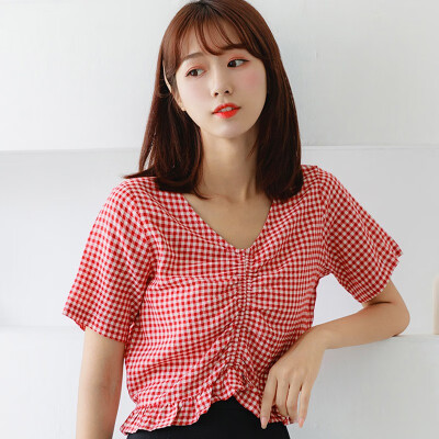 

Women Casual Shirts Summer V-Neck Plaid Shirts Female Fashion Tops