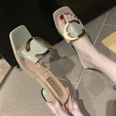 

Sandals women wear 2019 new girls heart metal buckle square head toe drag gentle fairy high heels