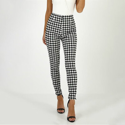 

Womens Plus Size Retro Plaid Bottom Pants Slim Casual Long High Waist Trousers