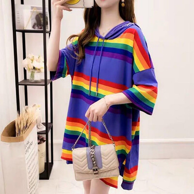 

Harajuku Stripe Plus Size Block Rainbow Hooded Pocket Tee Top Streetwear WomenMen Long T-Shirt Pullover T-Shirt Bomg