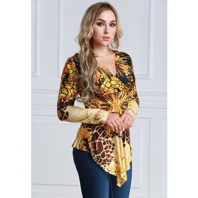 

Women Plus Size Blouse Top Contrast Print V-Neck Asymmetric Hem Long Sleeve Top Yellow