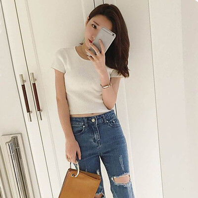 

Summer Women Knitted Short T Shirt Sexy O-neck Short Sleeves Top High Elasticity Solid Color Female Slim Tshirt Korean