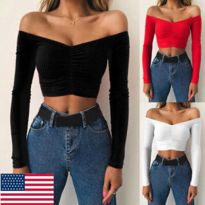 

Women Bandage Off Shoulder Top Long Sleeve Shirt Casual Crop Blouse Slim T-shirt