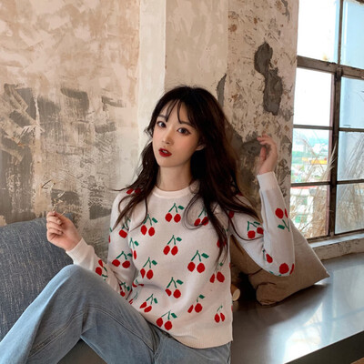 

womens sweater Autumn Winter Vintage Cherry Knitted Sweaters Pullover Female O-Neck Slim Kawaii Jumper Pull Femme Knitwear