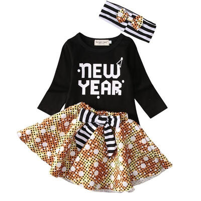 

NEW YEAR Kids Baby Girls Cotton Party Dress Long Sleeve Shirt Tops Skirts Headband 3PCS Outfits Set