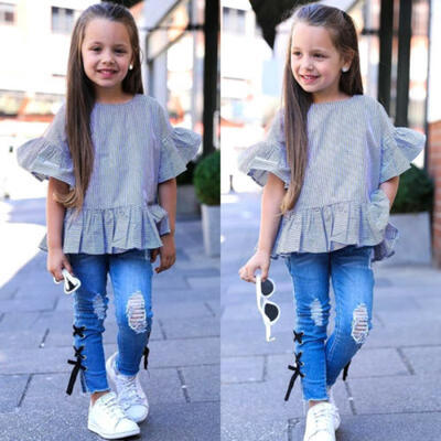 

Toddler Kids Baby Girl Stripe Tops Ripped Denim Pants Jeans Outfit Clothes Hot
