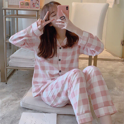 

Women Long Sleeves Plaid Pajama Ladies Lapel Collar Button Down Loose Sleepwear