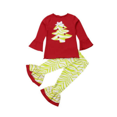 

UK Toddler Kid Baby Girl Xmas Tree Clothes Ruffle Tops T Shirts Pants Outfit Set