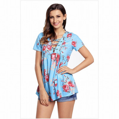 

Multi-color optional V-neck cross strap short-sleeved printed hem straight top