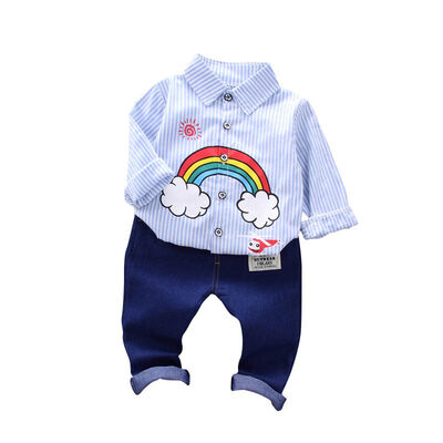 

Autumn Baby Boy Long Sleeve Rainbow Striped Pattern Soft Cotton Shirt TopsLong Trousers Toddler Outfits