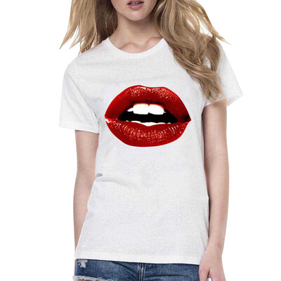 

Starmoon Women Print Sexy Red Lips Round Neck Short Sleeved White T-shirt Blouse