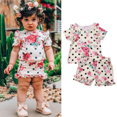 

USA Kids Toddler Baby Girl Ruffle T-shirt Top Shorts Pant Floral Sunsuit Outfit