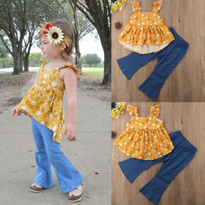 

2PCS Toddler Baby Kid Girl Floral Top Wide Leg Flared Denim Pants Outfits Set